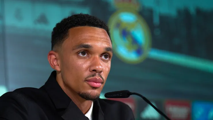 Trent Alexander-Arnold speaks in the press conference during his unveiling as new player of Real Madrid at Valdebebas training ground at Valdebebas training ground on June 12, 2025 in Madrid, Spain.