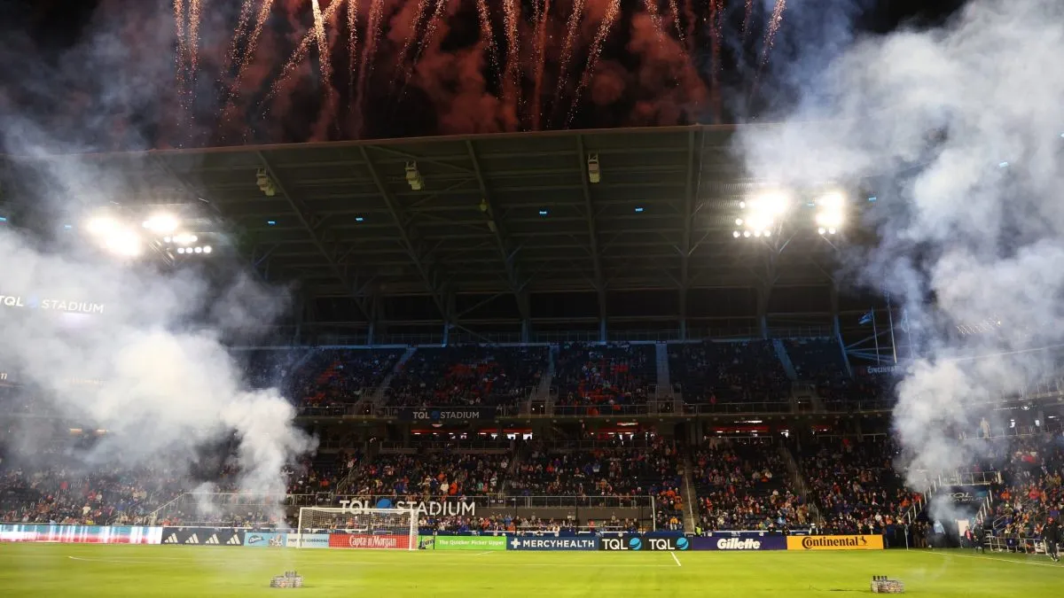 A general view inside the stadium of fireworks during the MLS match between FC Cincinnati and New York Red Bulls at TQL Stadium on February 22, 2025. (Source: Andy Lyons/Getty Images)
