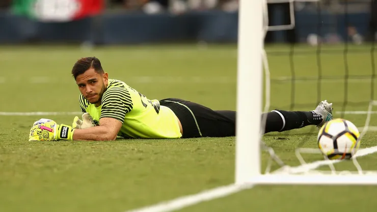 Benji Villalobos #22 of El Salvador allows a goal during the first half of a 2017 CONCACAF Gold Cup Group C match against Mexico at Qualcomm Stadium on July 9, 2017.