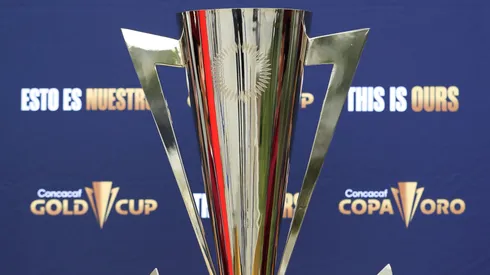 The Gold Cup trophy is displayed ahead of the 2023 Concacaf Gold Cup Draw at SoFi Stadium on April 14, 2023.