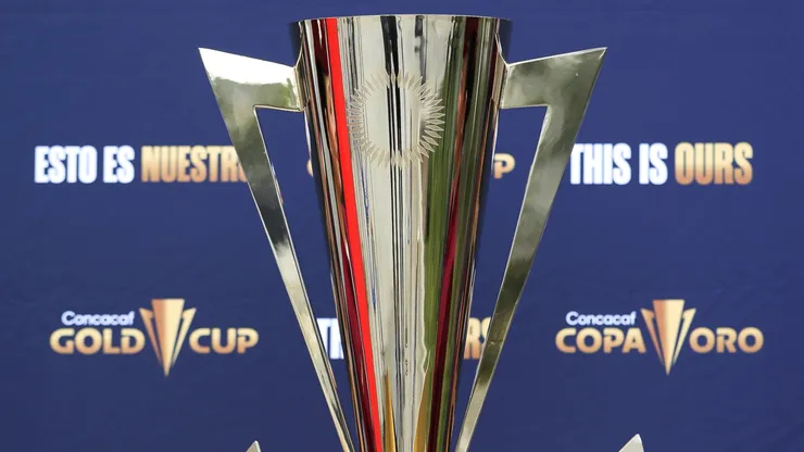 The Gold Cup trophy is displayed ahead of the 2023 Concacaf Gold Cup Draw at SoFi Stadium on April 14, 2023.