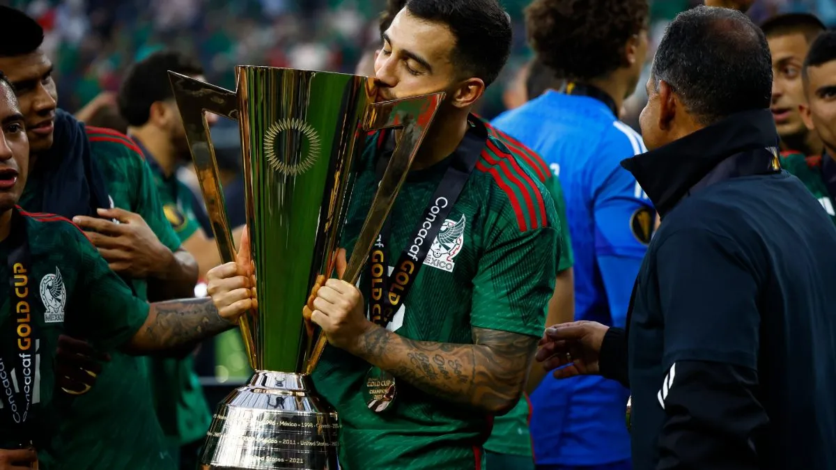 Carlos Rodriguez #8 of Mexico with the Concacaf Gold Cup trophy after the final match between Mexico and Panama at SoFi Stadium on July 16, 2023. (Source: Ronald Martinez/Getty Images)