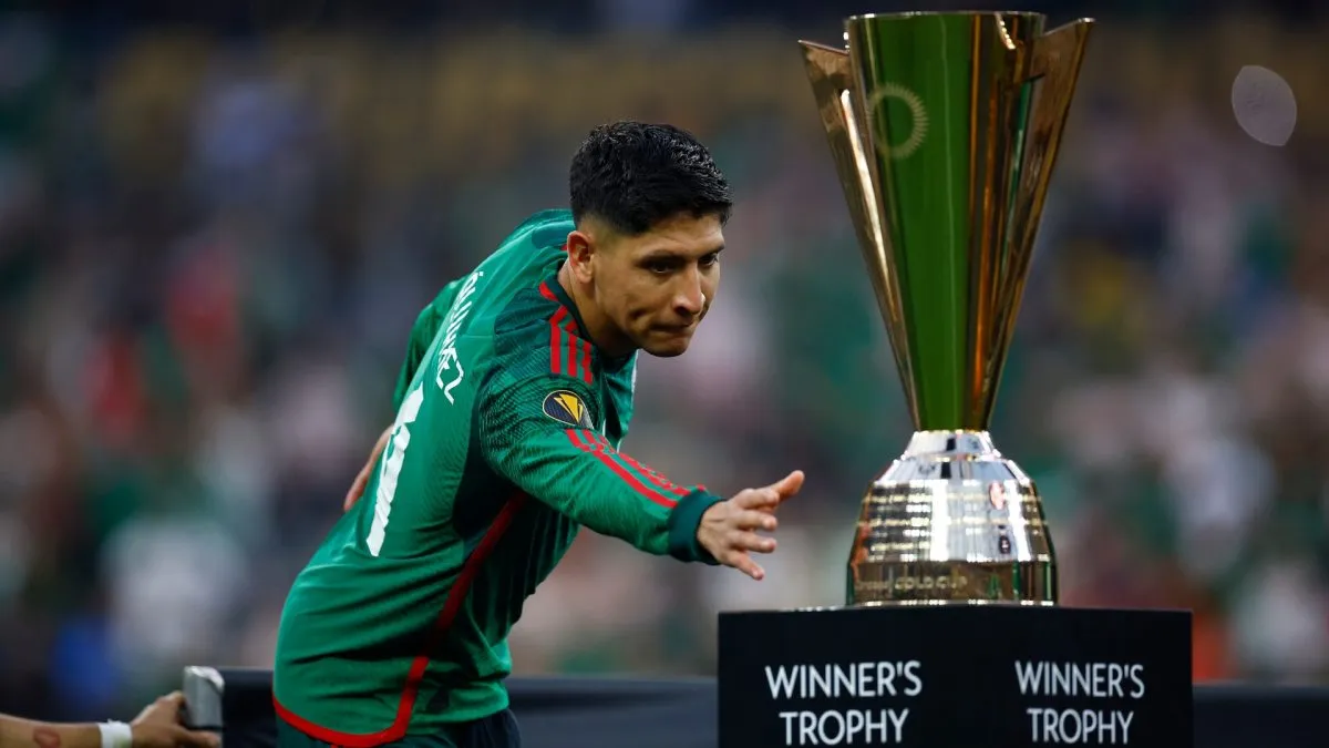 Edson Alvarez #4 of Mexico with the Concacaf Gold Cup trophy after the final match between Mexico and Panama at SoFi Stadium on July 16, 2023. (Source: Ronald Martinez/Getty Images)