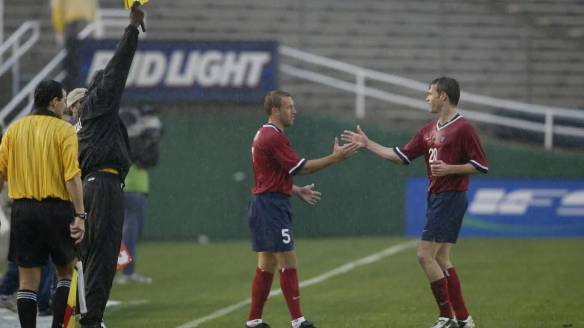 Clint Mathis #5 of Team USA substitutes for Brian McBride #20 during the CONCACAF Gold Cup Quarterfinal game in 2002. (Source: Jeff Gross/Getty Images)