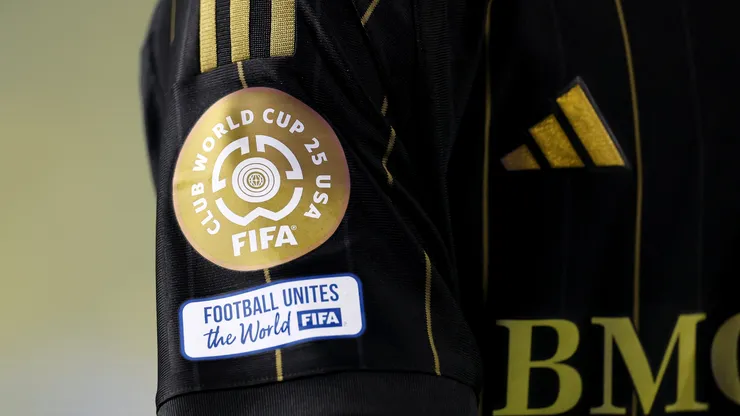 A detailed view of a logo on the jersey of Nathan Ordaz #27 of Los Angeles Football Club against the Club América during a FIFA Club World Cup 2025 Play-In at BMO Stadium on May 31, 2025 in Los Angeles, California.