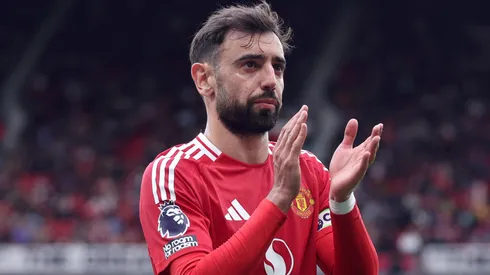 Bruno Fernandes of Manchester United applauds their support during the Premier League match between Manchester United FC and Aston Villa FC at Old Trafford on May 25, 2025 in Manchester, England.
