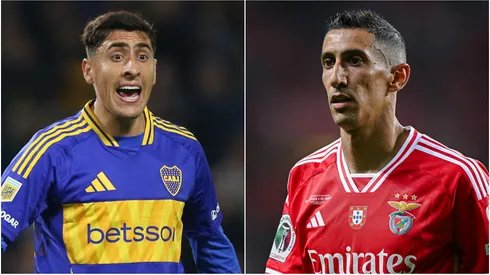 Miguel Merentiel (L) of Boca Juniors and Angel Di Maria (R) of SL Benfica.