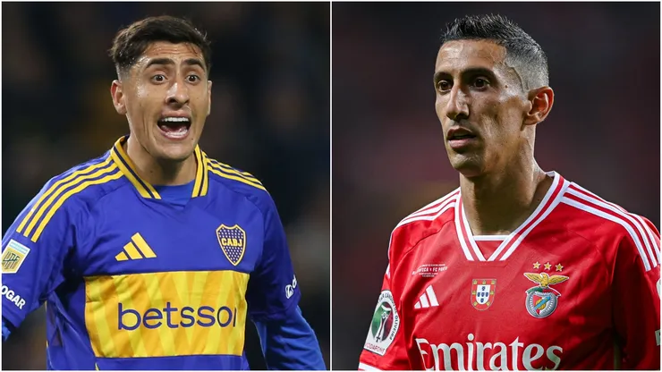 Miguel Merentiel (L) of Boca Juniors and Angel Di Maria (R) of SL Benfica.