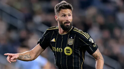 Olivier Giroud #9 of Los Angeles FC signals for a pass during a 1-0 win over the New York City FC at Banc of California Stadium on March 01, 2025 in Los Angeles, California.