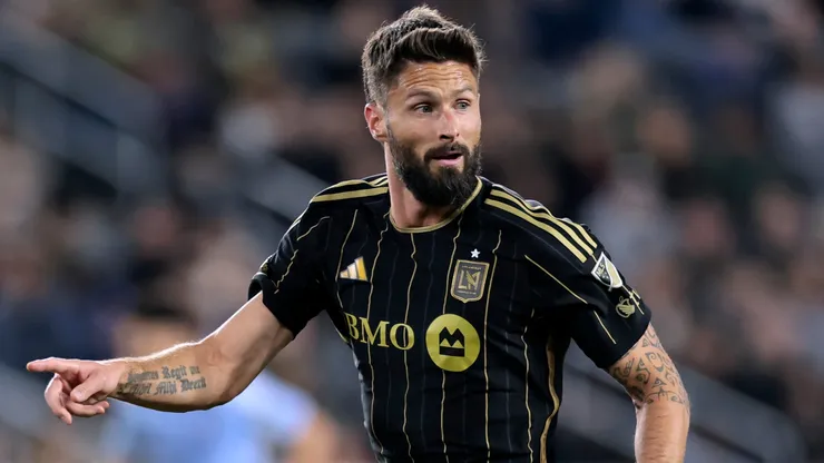 Olivier Giroud #9 of Los Angeles FC signals for a pass during a 1-0 win over the New York City FC at Banc of California Stadium on March 01, 2025 in Los Angeles, California.