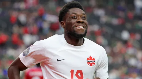 Alphonso Davies #19 of Canada reacts after scoring a goal against Panama.