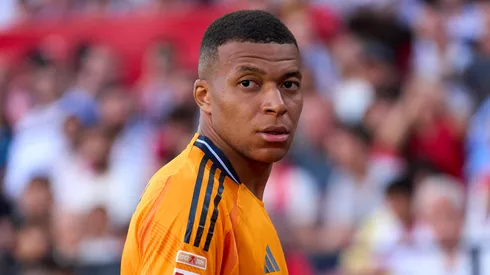 Kylian Mbappe of Real Madrid looks on during the LaLiga match between Sevilla FC and Real Madrid CF at Estadio Ramon Sanchez Pizjuan on May 18, 2025 in Seville, Spain.