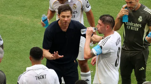 Xabi Alonso, Head Coach of Real Madrid C. F., speaks to his players during the FIFA Club World Cup 2025.