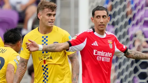 Angel Di Maria #11 of SL Benfica reacts in front of Myer Bevan #7 of Auckland City FC during the FIFA Club World Cup 2025 group C match between SL Benfica and Auckland City FC at Inter&Co Stadium on June 20, 2025 in Orlando, Florida.
