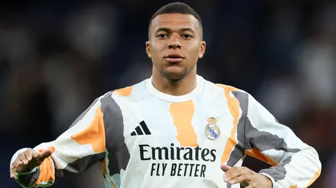Kylian Mbappe of Real Madrid CF warms up prior to the LaLiga match between Real Madrid CF and RCD Mallorca at Estadio Santiago Bernabeu on May 14, 2025 in Madrid, Spain.