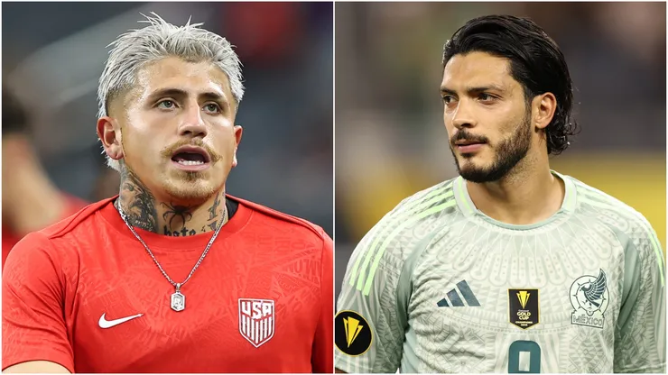 Diego Luna (L) #10 of United States and Raul Jimenez (R) #9 of Mexico.