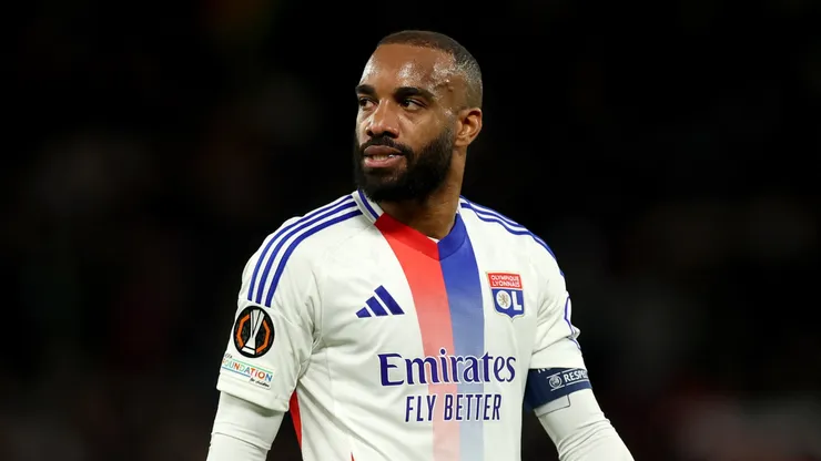 Alexandre Lacazette of Olympique Lyonnais during the UEFA Europa League 2024/25 Quarter Final Second Leg match between Manchester United and Olympique Lyonnais at Old Trafford on April 17, 2025 in Manchester, England.