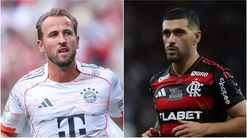 Harry Kane (L) #9 of FC Bayern Munchen and Giorgian de Arrascaeta (R) of Flamengo.