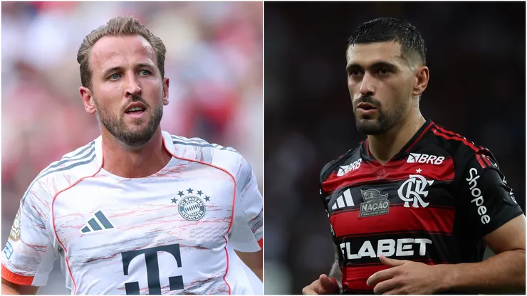 Harry Kane (L) #9 of FC Bayern Munchen and Giorgian de Arrascaeta (R) of Flamengo.