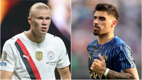 Erling Haaland (L) #9 of Manchester City and Ruben Neves (R) #8 of Al Hilal.