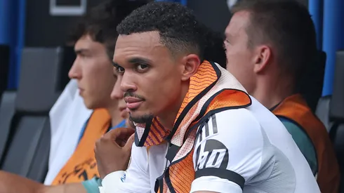 Trent Alexander-Arnold #12 of Real Madrid C. F. looks on during the FIFA Club World Cup 2025 group H match between Real Madrid CF and CF Pachuca at Bank of America Stadium on June 22, 2025 in Charlotte, North Carolina.