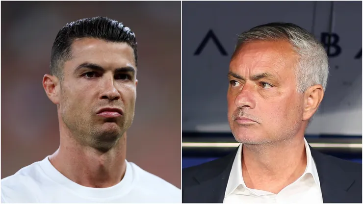 Cristiano Ronaldo (L) of Al Nassr and Head coach Jose Mourinho (R) of Fenerbahce.