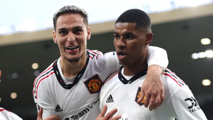 Marcus Rashford of Manchester United celebrates after scoring a goal, which is later disallowed following a Handball decision via a VAR Review, during the Premier League match between Wolverhampton Wanderers and Manchester United at Molineux on December 31, 2022 in Wolverhampton, England.