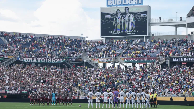 Players, match officials and fans pause for a moments silence in memory of former football player Diogo Jota and his brother Andre Silva, who passed away on the 3rd of July 2025 prior to the FIFA Club World Cup 2025 quarter final match between Fluminense FC and Al Hilal at Camping World Stadium on July 04, 2025 in Orlando, Florida.