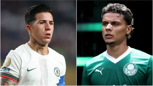 Enzo Fernandez (L) #8 of Chelsea FC and Richard Rios (R) #8 of Palmeiras.