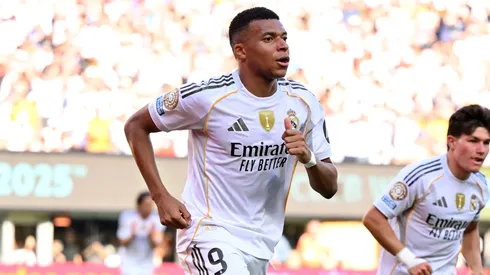 Kylian Mbappe #9 of Real Madrid C.F. celebrates scoring his team's third goal during the FIFA Club World Cup 2025 quarter-final match between Real Madrid CF and Borussia Dortmund at MetLife Stadium on July 05, 2025 in East Rutherford, New Jersey.