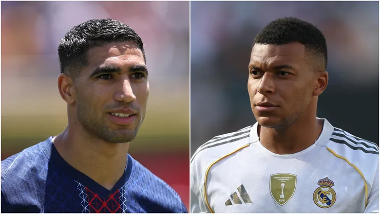 Achraf Hakimi (L) of Paris Saint-Germain and Kylian Mbappe (R) of Real Madrid.