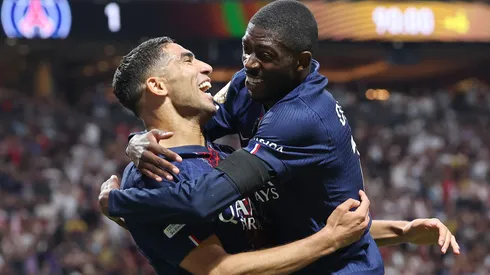 Ousmane Dembele #10 of Paris Saint-Germain celebrates scoring his team's second goal with teammate Achraf Hakimi #2 during the FIFA Club World Cup 2025 quarter-final match between Paris Saint-Germain and FC Bayern München at Mercedes-Benz Stadium on July 05, 2025 in Atlanta, Georgia.