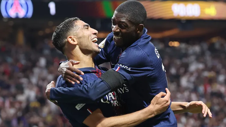 Ousmane Dembele #10 of Paris Saint-Germain celebrates scoring his team's second goal with teammate Achraf Hakimi #2 during the FIFA Club World Cup 2025 quarter-final match between Paris Saint-Germain and FC Bayern München at Mercedes-Benz Stadium on July 05, 2025 in Atlanta, Georgia.