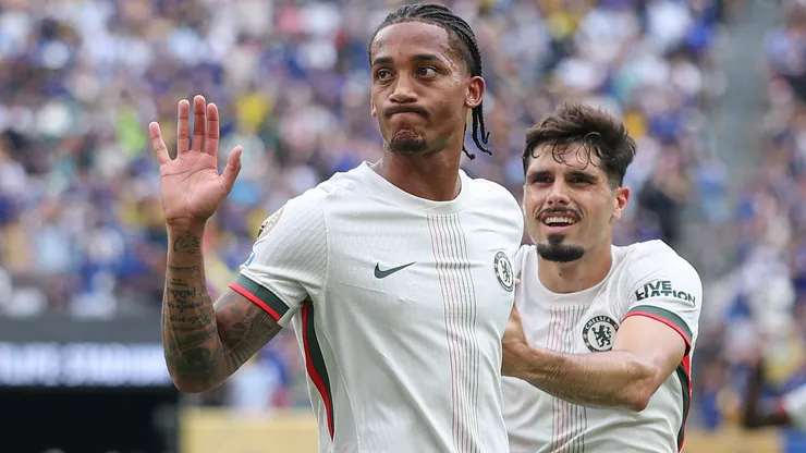 Joao Pedro celebrates scoring his team's first goal with teammate Pedro Neto #7 of Chelsea FC during the FIFA Club World Cup 2025 semi-final match between Fluminense FC and Chelsea FC at MetLife Stadium on July 08, 2025 in East Rutherford, New Jersey.