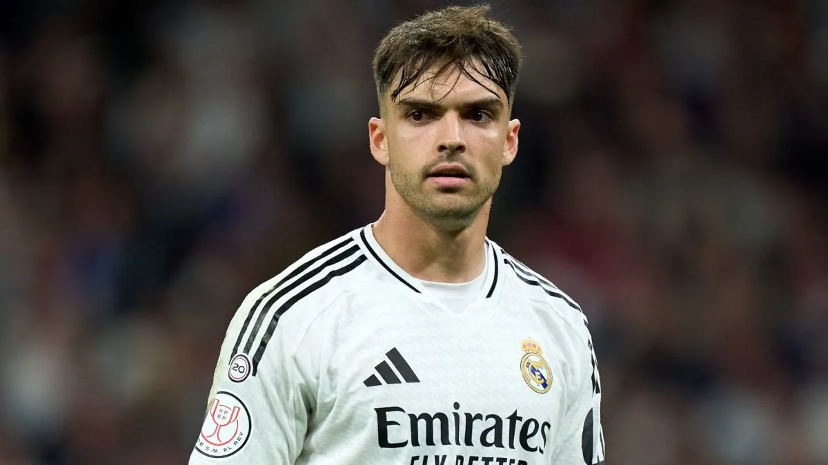 Raul Asencio of Real Madrid looks on during the Copa del Rey semifinal match between Real Madrid and Real Sociedad at Estadio Santiago Bernabeu on April 01, 2025 in Madrid, Spain.