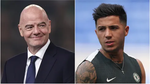FIFA President Gianni Infantino (L) and Enzo Fernandez (R) #8 of Chelsea FC