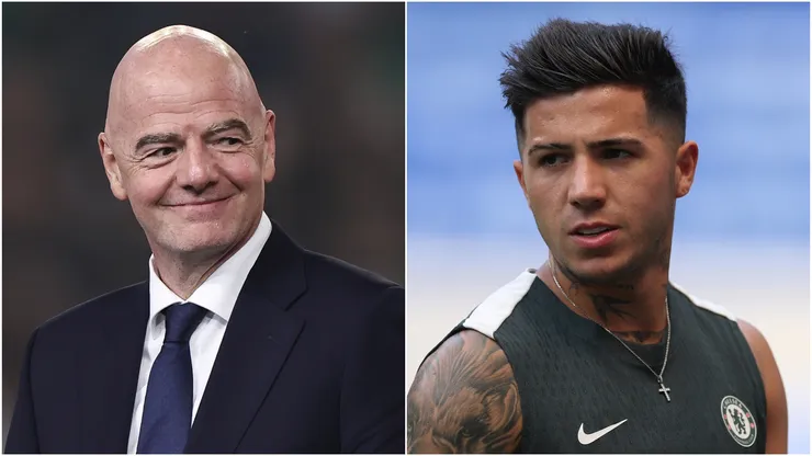 FIFA President Gianni Infantino (L) and Enzo Fernandez (R) #8 of Chelsea FC