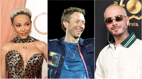 Doja Cat (L), Chris Martin (M), and J Balvin (R), performer in the FIFA Club World Cup 2025 final halftime show.