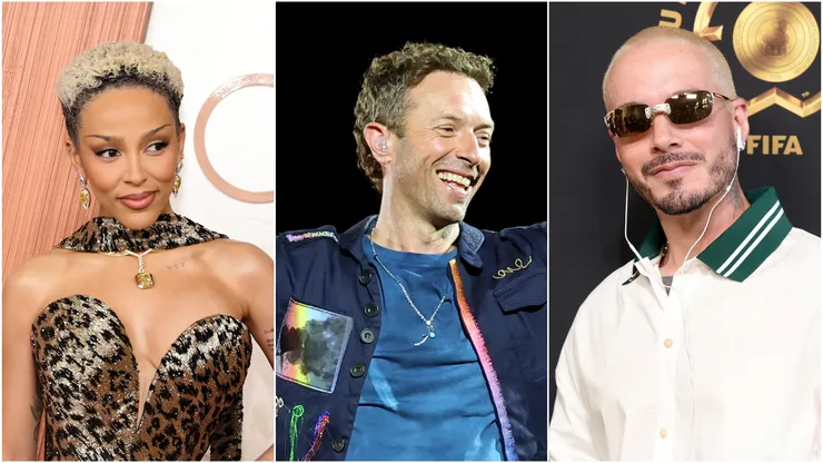 Doja Cat (L), Chris Martin (M), and J Balvin (R), performer in the FIFA Club World Cup 2025 final halftime show.