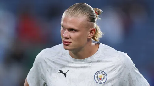 Erling Haaland #9 of Manchester City looks on during warms up prior to the FIFA Club World Cup 2025 round of 16 match between Manchester City and Al-Hilal at Camping World Stadium on June 30, 2025 in Orlando, Florida.
