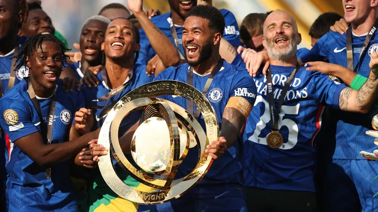 Reece James #24 of Chelsea FC celebrates with the FIFA Club World Cup trophy after their team's victory following the FIFA Club World Cup 2025 Final match between Chelsea FC and Paris Saint-Germain at MetLife Stadium on July 13, 2025 in East Rutherford, New Jersey.