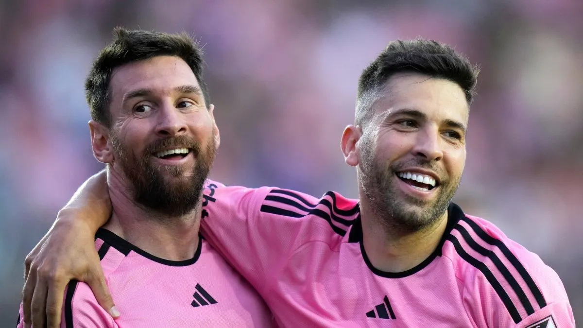 Lionel Messi #10 of Inter Miami CF celebrates with Jordi Alba #18 after scoring a goal during the second half against the Orlando City SC at Chase Stadium on March 02, 2024 in Fort Lauderdale, Florida.