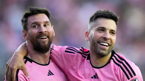 Lionel Messi #10 of Inter Miami CF celebrates with Jordi Alba #18 after scoring a goal during the second half against the Orlando City SC at Chase Stadium on March 02, 2024 in Fort Lauderdale, Florida.