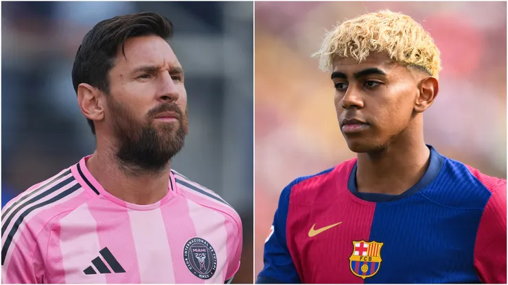 Lionel Messi #10 of Inter Miami CF and Lamine Yamal of FC Barcelona.