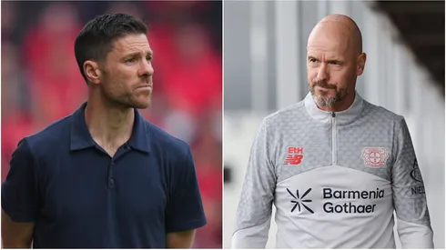 Xabi Alonso (L) and Bayer Leverkusen Head coach Erik Ten Hag (R).