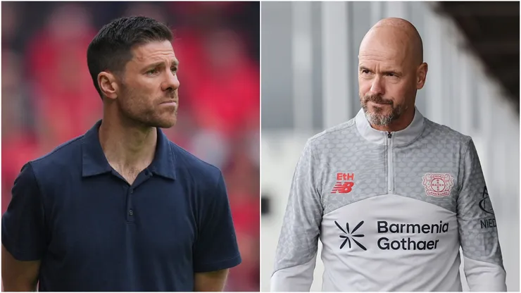 Xabi Alonso (L) and Bayer Leverkusen Head coach Erik Ten Hag (R).
