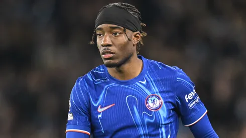 Noni Madueke of Chelsea looks on during the Premier League match between Manchester City FC and Chelsea FC at Etihad Stadium on January 25, 2025 in Manchester, England.