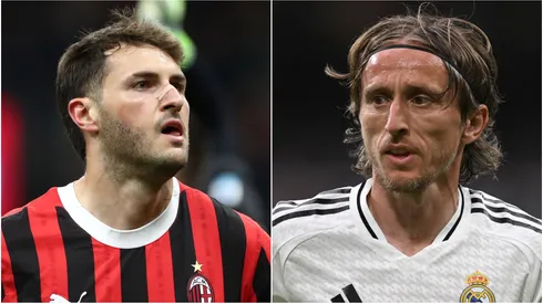 Santiago Gimenez (L) of AC Milan and Luka Modric (R) of Real Madrid.