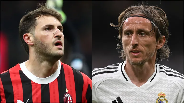 Santiago Gimenez (L) of AC Milan and Luka Modric (R) of Real Madrid.