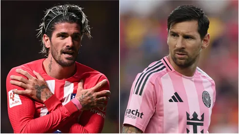 Rodrigo De Paul (L) of Atletico Madrid and Lionel Messi (R) of Inter Miami.